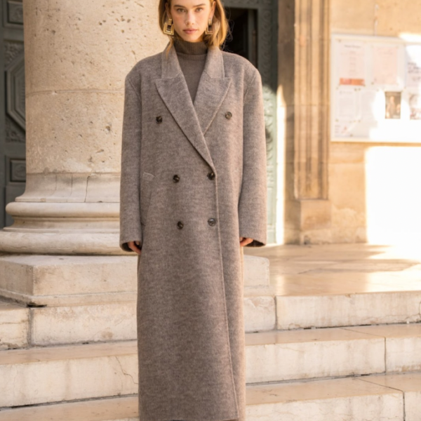 lange taupe wolle mantel voor dames