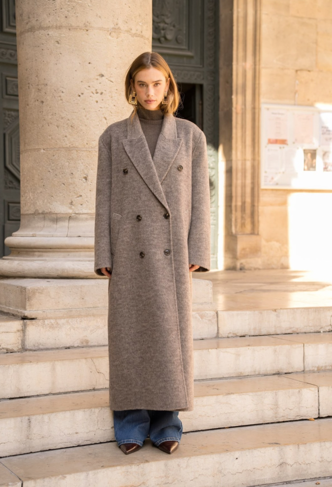 lange taupe wolle mantel voor dames