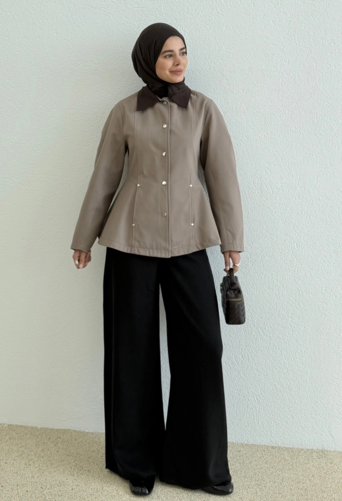 Peplum Jas met Contrasterende Kraag – Taupe
